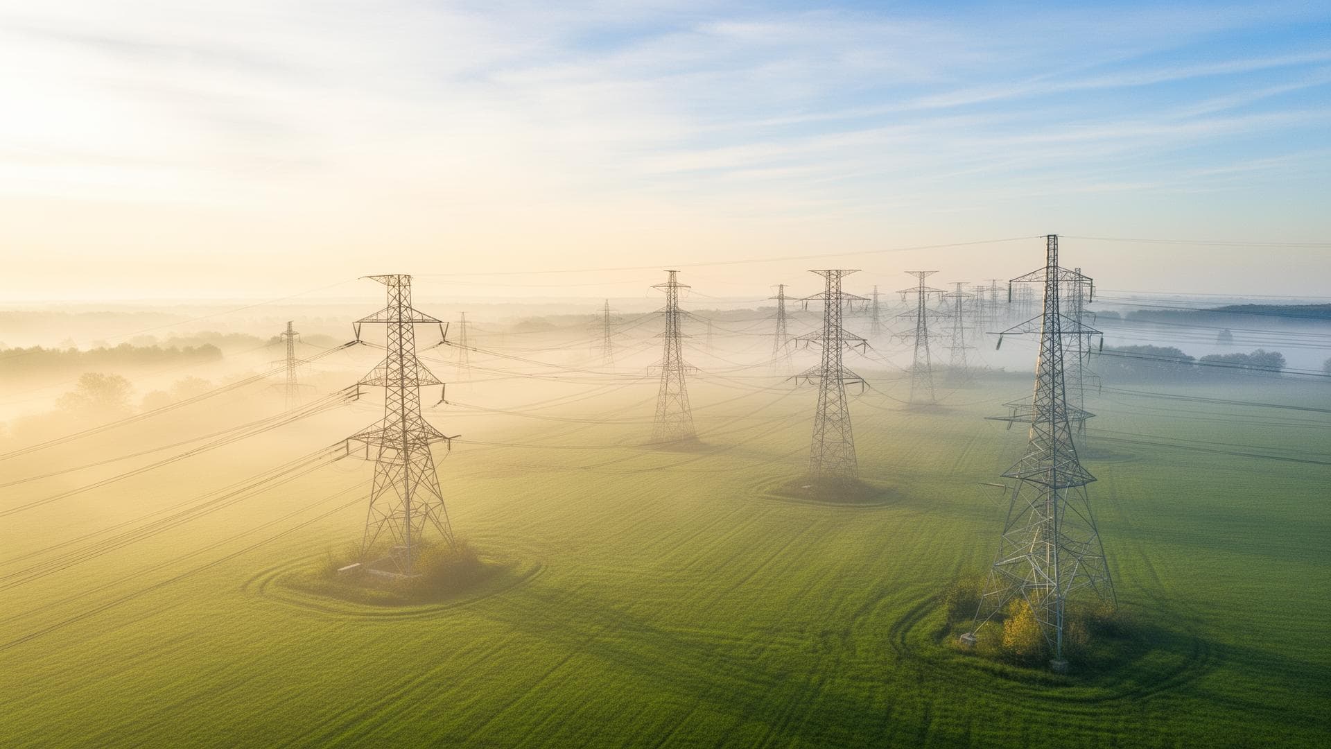 Hochspannungsinfrastruktur bei Sonnenaufgang
